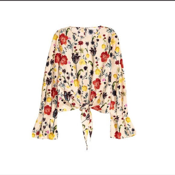 H&M Floral Bell Sleeve Crop Top Beige Tie Front Key Hole Size 6 NEW WITH TAG! - Picture 5 of 7